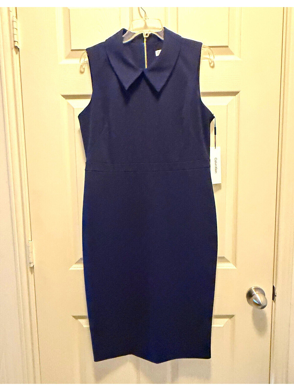 NWT Calvin Klein Women's Navy Sheath Dress Collared Sleeveless 14 Professional